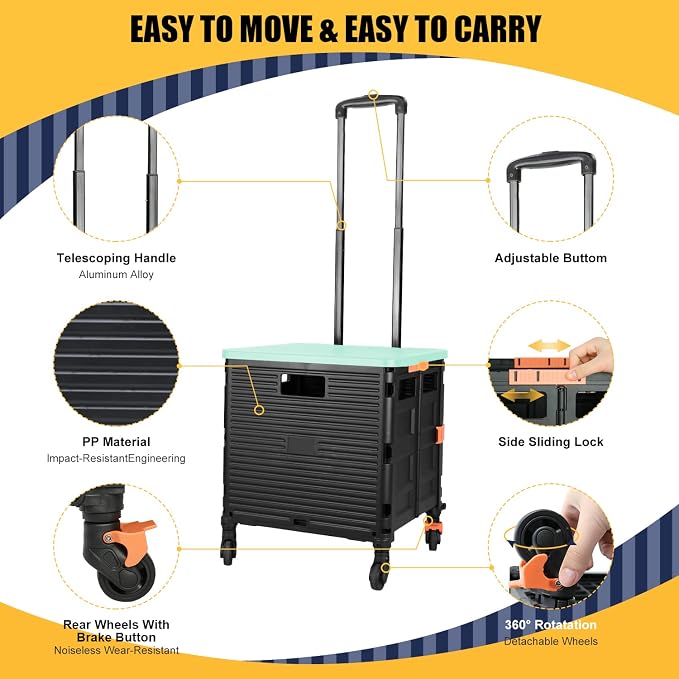 Foldable Utility Cart Portable Rolling Crate Handcart Shopping Trolley Collapsible Tool Box with Rotate Noiseless Wheels Telescoping Handle Lid for Travel Move Storage Office School (Green)