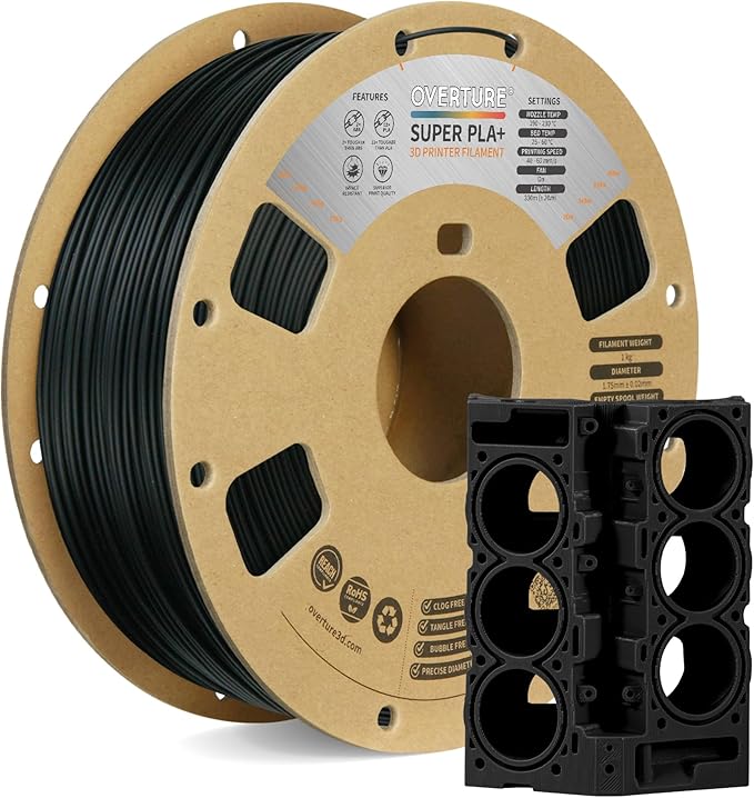 OVERTURE Super PLA+ Filament 1.75mm, Toughness Enhanced PLA Plus, Professional Toughness 3D Printer Filament 1kg (2.2lbs), High Precision +/- 0.02mm (Black)