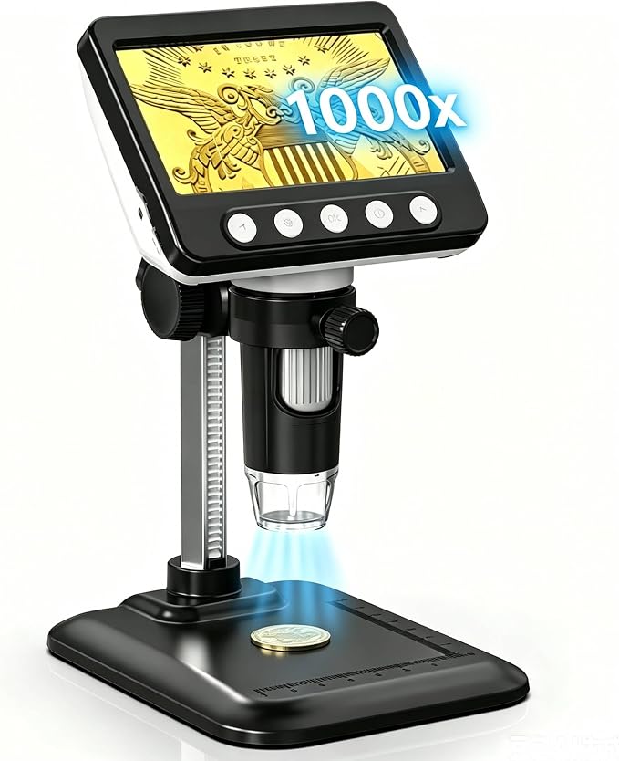Coin Microscope, 4.3" LCD USB Digital 1000X 1080P Coin Magnifier | 8 Adjustable LED Lights, PC View Compatible with Windows/MacBook for Adults Kids