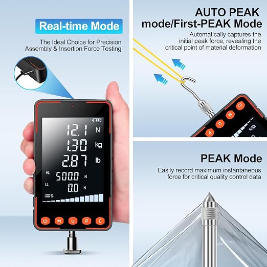 Trigger Pull Gauge, Force Gauge Weight Push Pull 500N Extra Large LCD with N kg lb, Peak & Real Time Auto Peak Modes, Data Software, Calibration Certificate, Digital Trigger Pull Scale