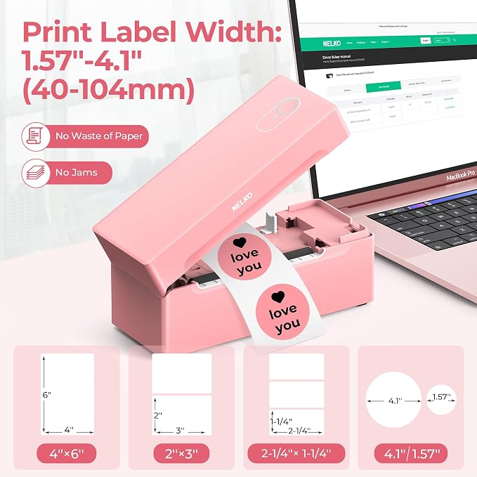Nelko Bluetooth Thermal Shipping Label Printer, Wireless 4x6 Shipping Label Printer for Shipping Packages, Support Android, iPhone and Windows, Widely Used for Amazon, Shopify (Pink)