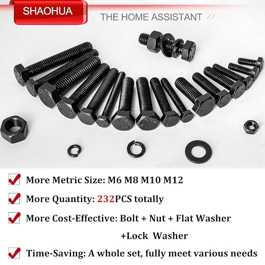 M6 M8 M10 M12 Metric Bolts and Nuts Assortment Kit 16MM to 60MM Grade 8 Hex Head Nuts Bolts Washers Assortment 15 Metric Sizes Nuts and Bolts Assortment Kit with Storage Case, 232PCS, Black