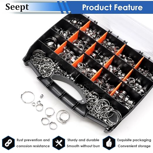 605Pcs 22 Sizes Single Ear Hose Clamps 5.3-33.1mm 304 Stainless Steel Crimp Hose Clamps Assortment Kit Perfect for Automotive/Home Appliance/Water Pipe and Fuel Line