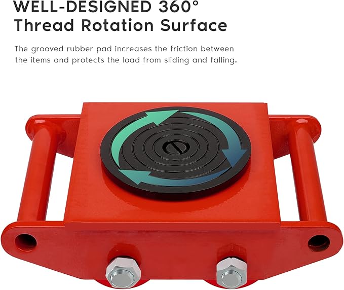 6T Machinery Skate Dolly with 360° Rotation Cap for Heavy Duty Moving | Carbon Steel 13200lbs Heavy Duty Machine Dolly Skate for Industrial Moving Equipment Red 1pc PU Rollers