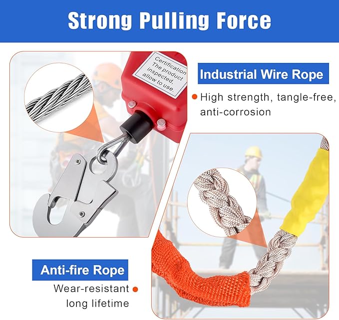 Fall Protection Lanyard Fall Arrest Protector 50Feet Self Retractable Double Locking Gear, Dual Shell Fall Safety Lifeline, Rope for Roofing, Construction, Rescue