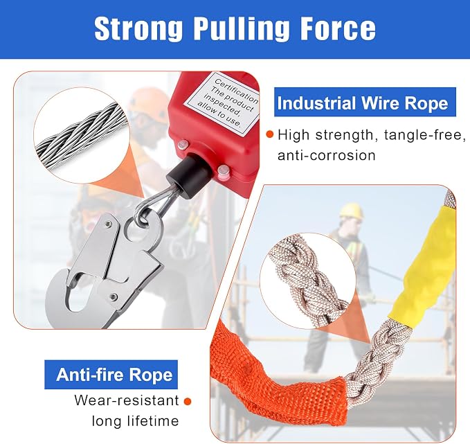 Fall Protection Lanyard Fall Arrest Protector 17Feet Self Retractable Double Locking Gear, Dual Shell Fall Safety Lifeline, Rope for Roofing, Construction, Rescue