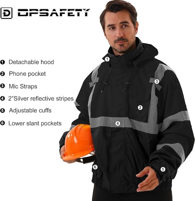 3 in 1 Safety jacket,Reflective high Visibility Hooded jacket,Hi Vis Bomber Jacket shell and fleece lining,Waterproof,ANSI Class 3 Black,Large