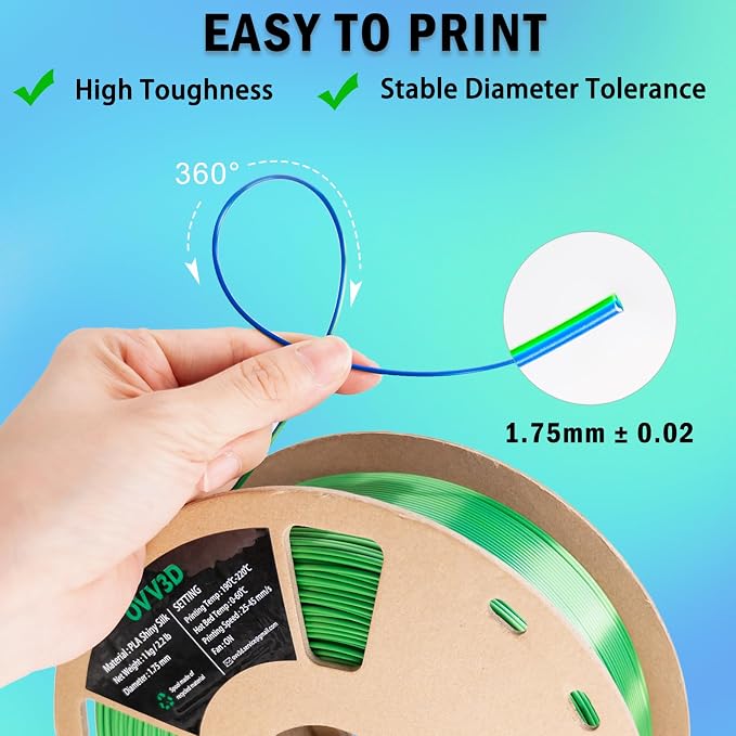 OVV3D PLA Filament 1.75mm, Silk PLA Dual Color Blue Green 3D Printer Filament, High Speed 3D Printing Filament，Silk Blue Green Filament 1.75mm+ /- 0.02mm，1 kg