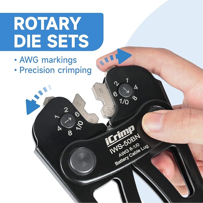 iCrimp IWS-50BN Battery Cable Crimper for 8, 6, 4, 2, 1, 1/0AWG Battery Cable Terminals and Lugs with Rotation Crimping Dies