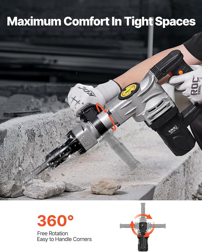 VEVOR Electric Demolition Hammer, 1400W Heavy Duty Jackhammer with 2 Chisel Bits and Carrying Case, 2900 BPM for Breaking Concrete, Includes Black Gloves