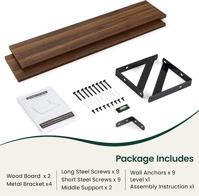 Floating Shelves 8 Inch Deep, 36W x 8D Wall Shelf Set of 2, 60 lbs Heavy Duty Reversible Metal Brackets, Industrial Book Shelf for Living Room Kitchen Bathroom Bedroom Gallery Wall, Walnut