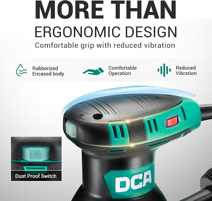 DCA Random Orbital Sander, 3.0 AMP Corded Palm Sander, 6 Speeds Max 12,000 OPM, 5-Inch with 10 pcs Sandpapers, Dust Bag, Low Vibration for Woodworking, Decoration Furniture (ASA125)