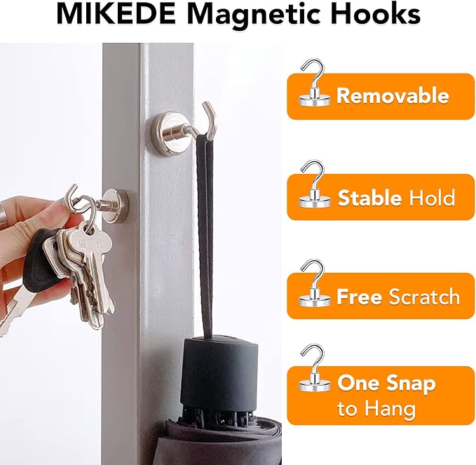 MIKEDE Magnetic Hooks 85Lbs+ Heavy Duty Magnet Hook for Cruise Cabins | Super Neodymium Hanging Hooks Strong Magnets with Hook for Fridge Magnetic Hanger for Grill Toolbox Storage 4 Pack