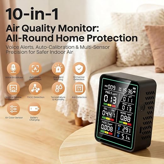 Air Quality Monitor Indoor, 10-in-1 Portable Smart Air Quality Tester for CO2 | TVOC | HCHO | AQI | PM2.5 | PM1.0 | PM10 | Temp | Humidity and Time for Home, Office, Cars, Hotel, School, Black