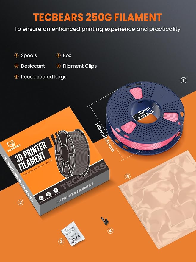 TECBEARS Silk Filament 1.75, Shiny Silk PLA Filament, 3D Printer Filament with Smooth Silky Surface, 250G Spool, 8 Rolls, Gold+Silver+Black+White+Bronze+Red Cropper+Brass+Pink