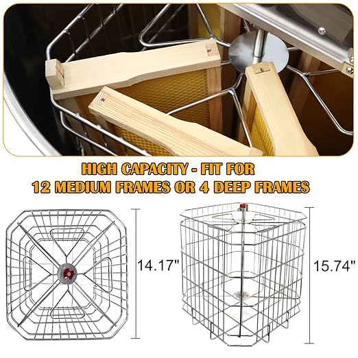Honey Lake 4/12 Frame Manual Honey Extractor, Food Grade Stainless Steel Honeycomb Drum Spinner with Transparent Lid, Beekeeping Equipment for Honey Extraction with Height Adjustable Stand
