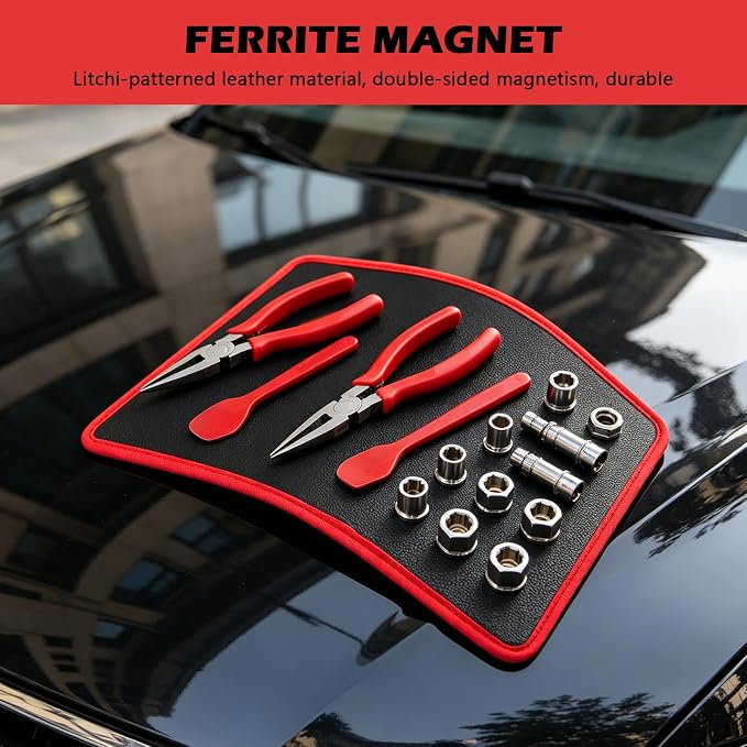 Magnetic Tool Mat Set, 4 Pcs Heavy Duty Flexible Magnetic Mat with PVC Coating, Holds Screws, Bolts, Nuts and Small Tools for Garage Workshop and Auto Repair (Red)