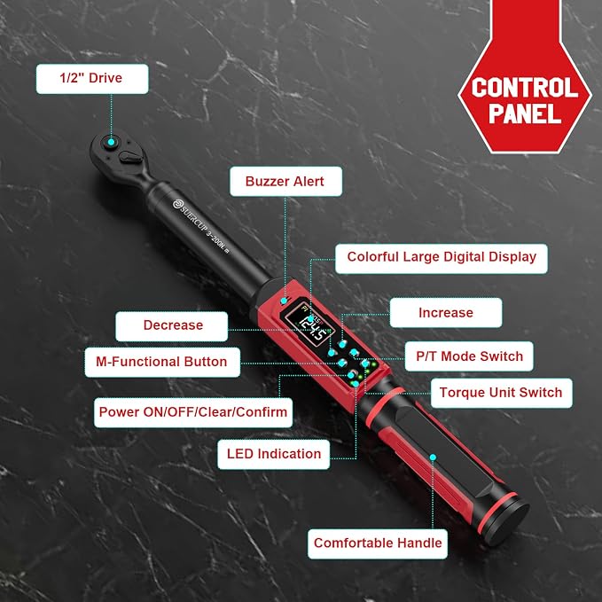 SUERCUP 1/2" Digital Torque Wrench, 2.2-147.5Ft.Lb/3-200N.m, ±1% Accuracy | Electronic Torque Wrench, Vibration, Buzzer, LED Flash,9 Presets & 5 Units for Engine/Suspension, Lug Nut, Car & Moto Repair