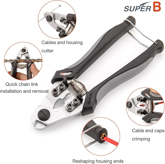 Super B Heavy Duty Cable Cutters - Precision Wire and Cable Cutting with Crimping, Housing End Forming & Quick Link Tool for Bicycles - Ergonomic Grip, Spring-Loaded Design (TB-WC31)