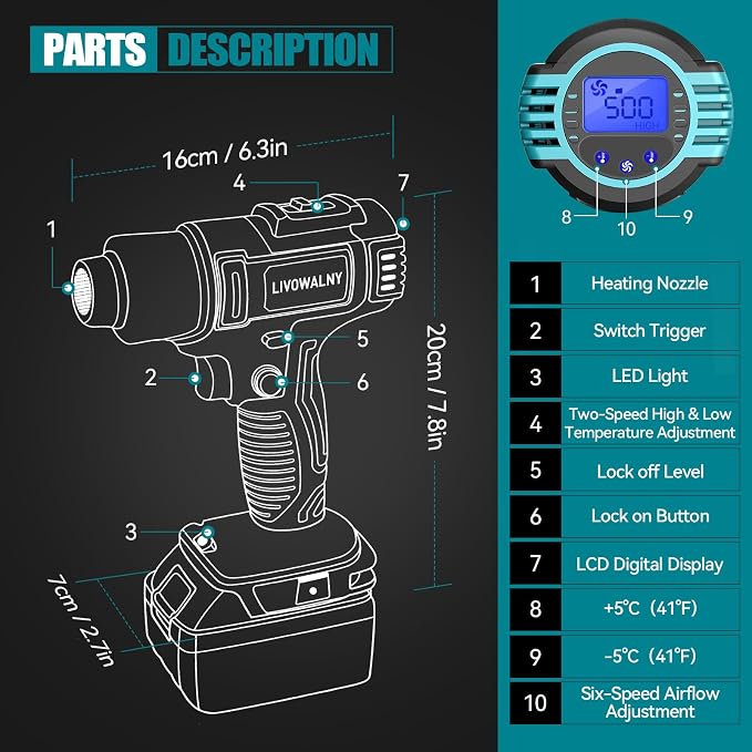 LIVOWALNY Cordless Heat Gun Compatible with Makita 18V Battery (Tool Only) LCD Digital Display - 350W 122℉-1022℉ Adjustable Portable Battery Powered Hot Air Gun for Shrink Tubing Crafts Vinyl Wrap