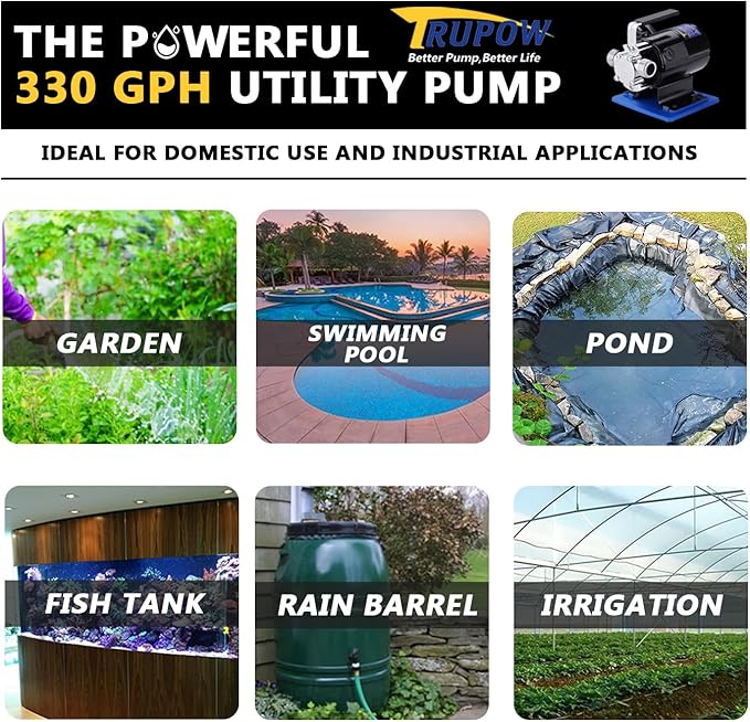 TRUPOW Water Transfer Pump, 110v Utility Pump, 1/10HP 330GPH Portable Electric Sump Transfer Water Pump with Water Hose Kit For Water Removal