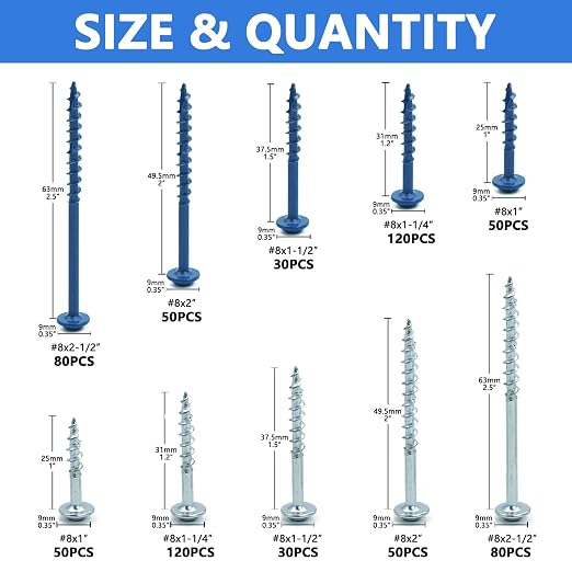 660 PCS Pocket Hole Screws Assortment Kit, 5 Sizes #8 x 1, 1-1/4", 1-1/2", 2", 2-1/2",Square Drive Self Tapping Coarse Thread Wood Screws Set, Blue Coated and Zinc Coated, Drive Bit Included