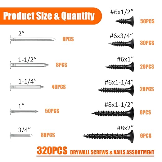 Dianrui Nails & Wood Screws Assortment Kit, 320 PCS #6#8 Philips Black Drywall Screws Set and High Hardness Hardware Small Nails for Picture Hanging/DIY Repair Project Length 1/2" to 2"