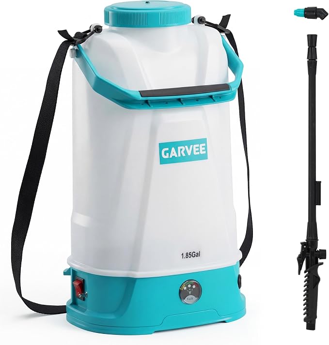 1.85 Gallon Battery Powered Sprayer with Adjustable Shoulder Strap, 0-60 PSI Adjustable Pressure, Electric Sprayer with 1 Nozzles and 1 Wands, 12V 2Ah Battery, Wide Mouth Lid for Weeding, Spraying ﻿