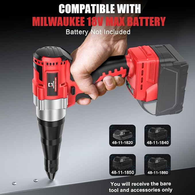 Cerycose Cordless Rivet Gun Kit Compatible with Milwaukee 18V Brushless Electric Riveters Gun Tool with 3-Size Steel Rivets(1/8"-5/32"-3/16") LED Light & Nose Piece (Tool Only)