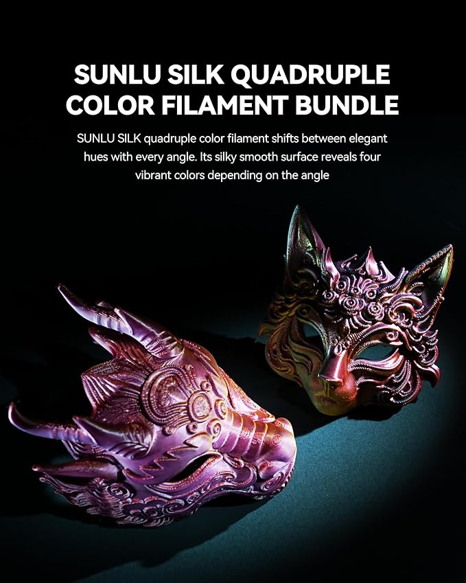 SUNLU Silk Quadruple Color PLA Filament, Silk PLA 3D Printer Filament 1.75mm, Neatly Wound Shiny Silk 3D Printer Filament 1.75mm ±0.02mm, 1KG Spool (2.2lbs), Silk Four Color (Red Yellow Green Black)
