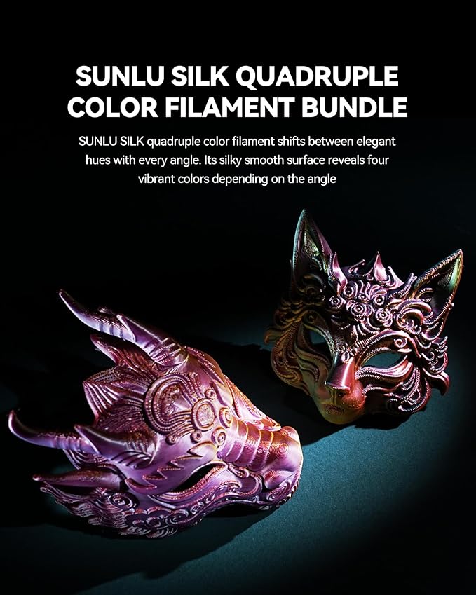 SUNLU Silk Quadruple Color PLA Filament Bundle Muticolor, Neatly Wound Shiny Silk 3D Printer Filament 1.75mm ±0.02mm, Individually Vacuum Packed, 0.25kg per Spool, 1kg in Total, 4 Pack.