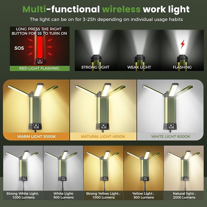 Rechargeable Work Light with Stand, Magnetic Base, Hook & Tripod (Middle) | 6000mAh battery, Telescopic tripod, Magnetic base, Hanging hook, 3 metal floor spikes, Storage bag, Camping