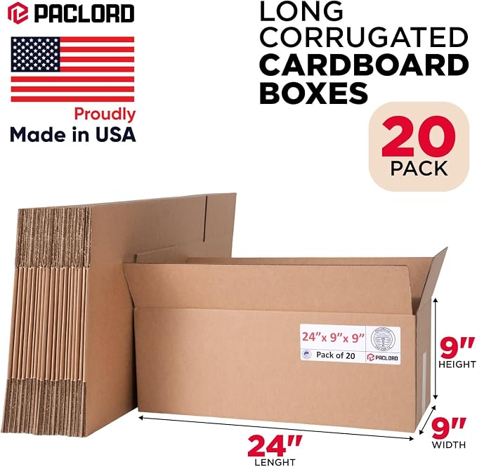 Long Cardboard Boxes 24"L x 9"W x 9"H (Pack of 20) - USA-Made Packing Boxes for Moving, Shipping, or Storage - USPS, UPS, FedEx Approved - Professional Packing Supplies for Moving | USA-Made Packing Boxes for Moving, Shipping, or Storage - USPS, UPS, F...