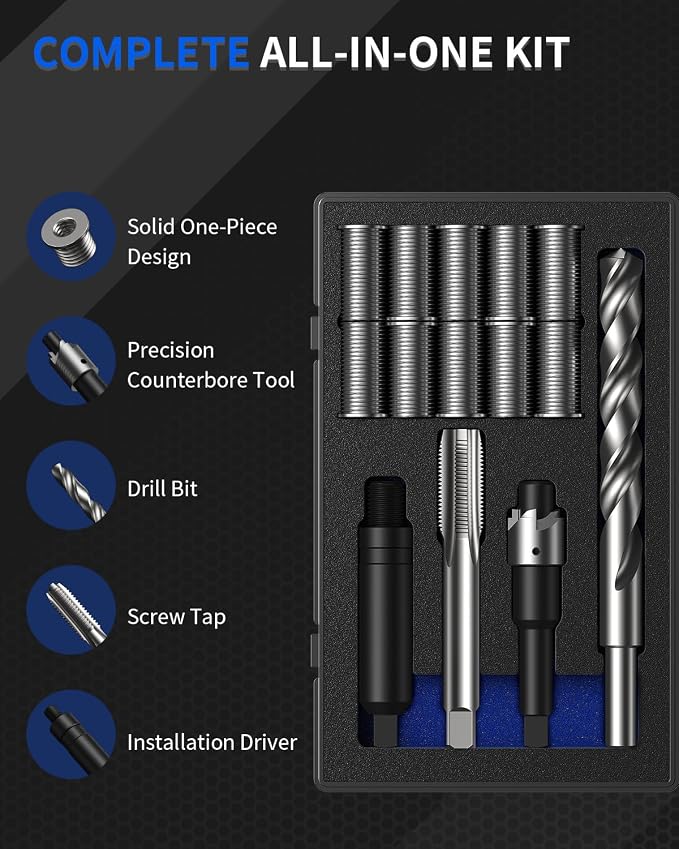 M11x1.25 Metric Thread Repair Kit, with HSS Drill, HSS Tap, Counterbore, Installation Driver, M11x1.25MM 10 pcs 304 Stainless Steel Inserts (28.2mm Length)