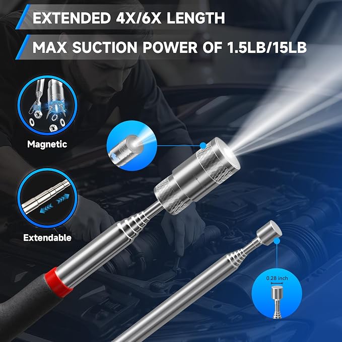 Fathers Day Dad Gifts, 5Pcs Telescoping Magnetic Pick Up Tool Set, with 1lb &15lb Pick-up Rod, 360° Square & Circle Swivel Adjustable Inspection Mirror and LED Flashlight, Birthday Gifts for Men, Dad