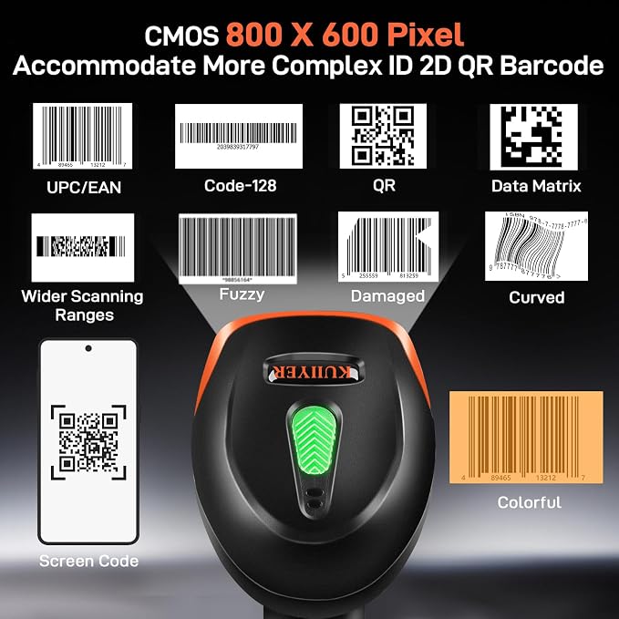 KUIIYER USB Barcode Scanner, 2D QR 1D Bar Code Scanners Wired Handheld Barcode Reader with Updated 800 X 600 Pixel CMOS & Built-in Light, Plug & Play for Computers, PC, Laptop, Desktop & POS