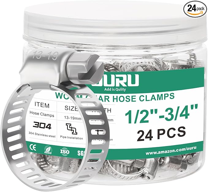 OURU 24PCS Hose Clamps Stainless Steel Adjustable 1/2"– 3/4"(13-19mm) Worm Gear Hose Clamp, Heavy Duty Metal Small Hose Clamps for Automotive, Pipe, Radiator Plumbing, Fuel Line