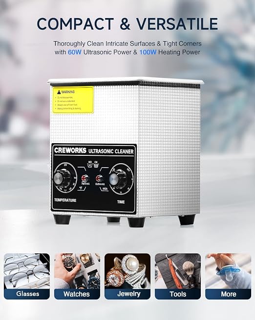 CREWORKS Ultrasonic Cleaner with Heater & Timer, 1/2 Gallon Stainless Steel 60W Ultrasonic Cleaning Machine with Degas & Gentle, 2L Sonic Machine for Professional Jewelry Watch Glasses Cleaning