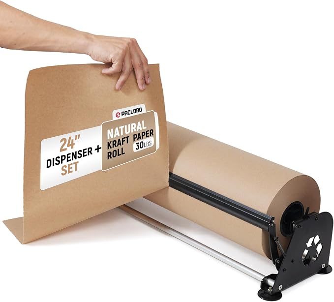 24" Paper Dispenser with Cutter + 30 lb Natural Brown Kraft Paper Roll | Heavy-Duty Steel Holder and 24" x 1200 ft USA-Made Kraft Paper for Packaging, Void Fill, Shipping & Moving