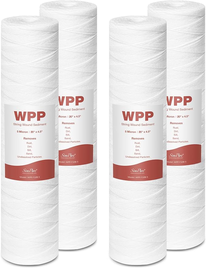 20 x 4.5 Inch 5 Micron String Wound Sediment Water Filter Cartridge, SimPure Whole House Sediment Well Water Filter Replacement, Fits DB20P DB20P-3 (4 Pack)