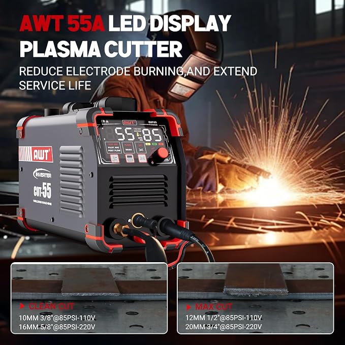 AWT Plasma Cutter,Large LED Display Cutter Machine 55Amps with Non-Touch Pilot Arc,110/220V Dual VoltagePlasma Cutting Machine,IGBT Inverter Air Sensor Technology&2T/4T,Max Cut 3/4"Plate/Mesh Cutting