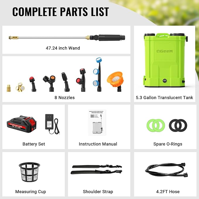 5.3 Gallon Battery Powered Backpack Sprayer,QGeeM 100 PSI 20L Electric Graden Sprayer Work,Weed Yard Sprayers with 21V Strong Battery,8 Nozzles,Telescopic Wand,2.6Ah Battery and Chargers Included