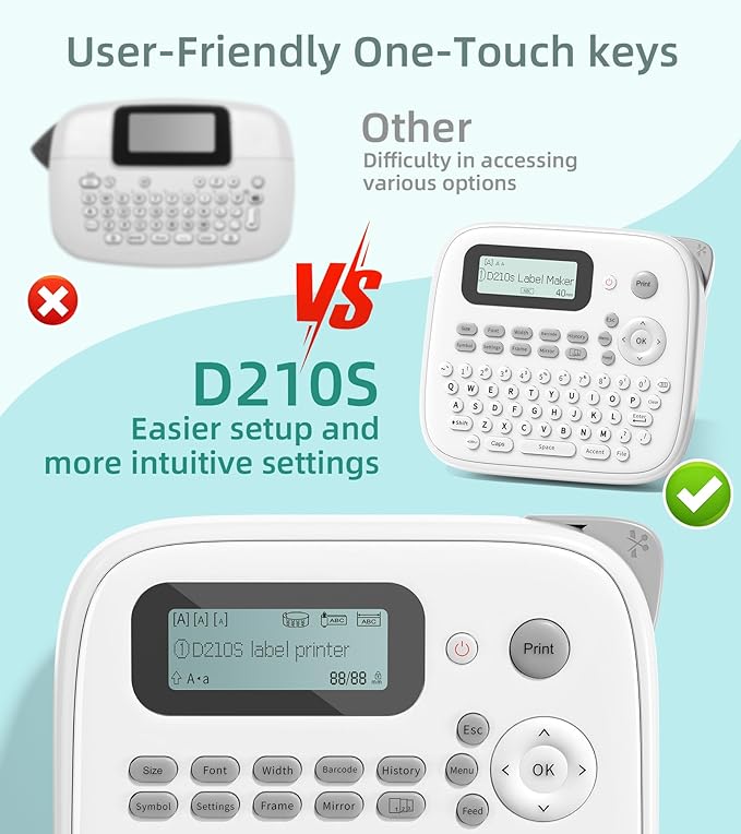 Label Maker Waterproof Labels, Labeler Machine with Tape, D210s Labeling Maker, 16+ Bolder/Handwritten Fonts & Intuitive Shortcut Keys, 12mm Removable Freezer Food Labels for Jars/Containers/Bottle
