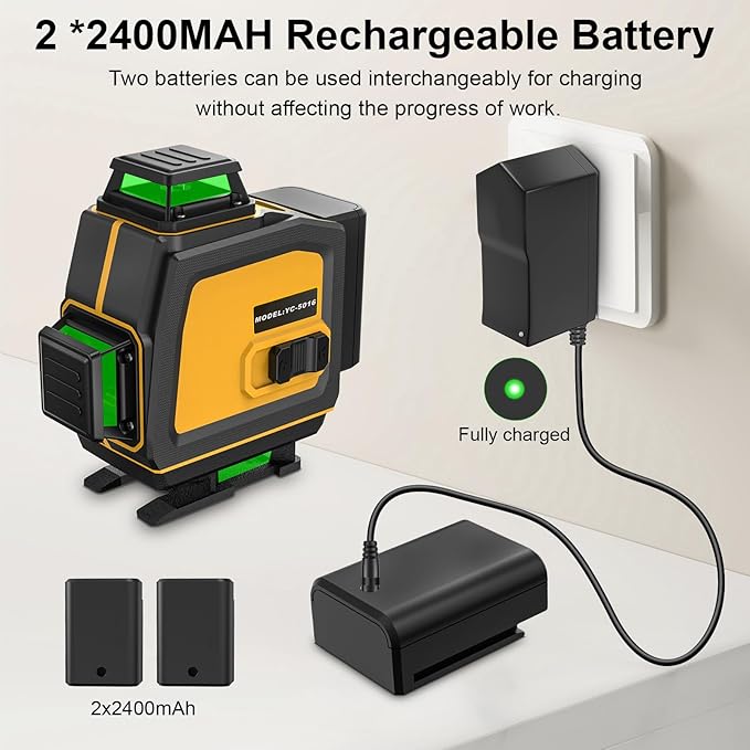 Laser Level 360 Self Leveling 4x360° 16 Lines Cross Line 4D Green Laser Level Tool with 2 Batteries, Charger, for Construction/Picture Hanging/Floor/Tile(Laser Class ll, <1mW Power Output)