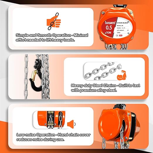 YATOINTO Chain Hoist 1/2 Ton (1100Lbs), Portable Mini Hand Chain Hoist Compact 20FT, Manual Chain Block Hoist 12.2" Headroom, Lightweight Industrial Steel for Garages Warehouse Automotive Machinery