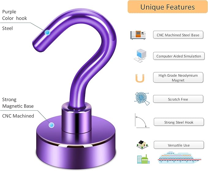 Neosmuk Magnetic Hooks, Cruise Ship Essentials, 30lb+ Heavy Duty Magnetic Hooks for Cruise Cabins, Refrigerator, Grill, Hanging, and Travel | Extra Strong Must-Haves Magnet Hook,Purple