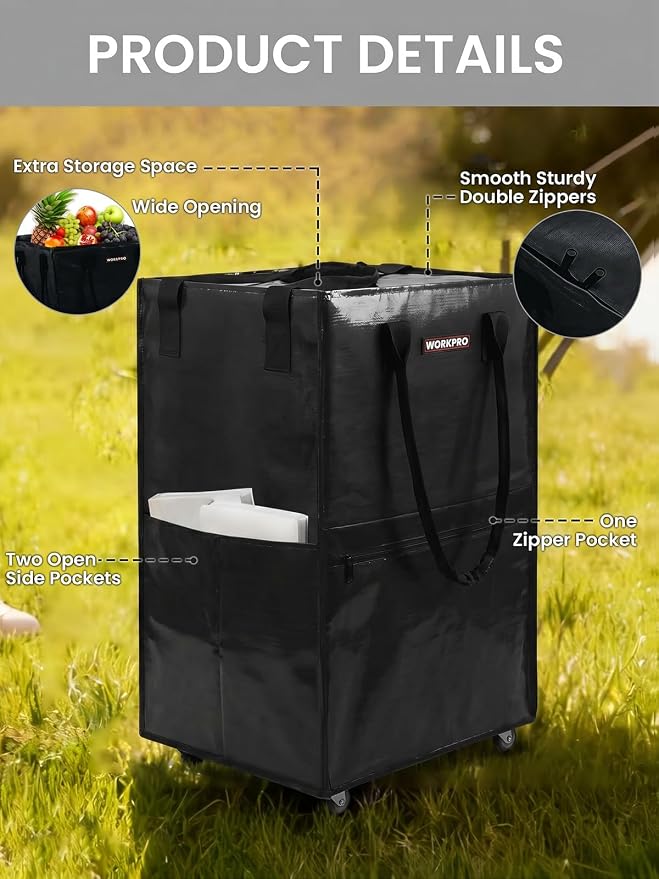WORKPRO Large Rolling Grocery Bag, 36-Gallon Tote with 5 Wheels, 110 lbs Capacity, Dual Carry, Wide Zipper & Extra Storage for Shopping, Laundry & Moving
