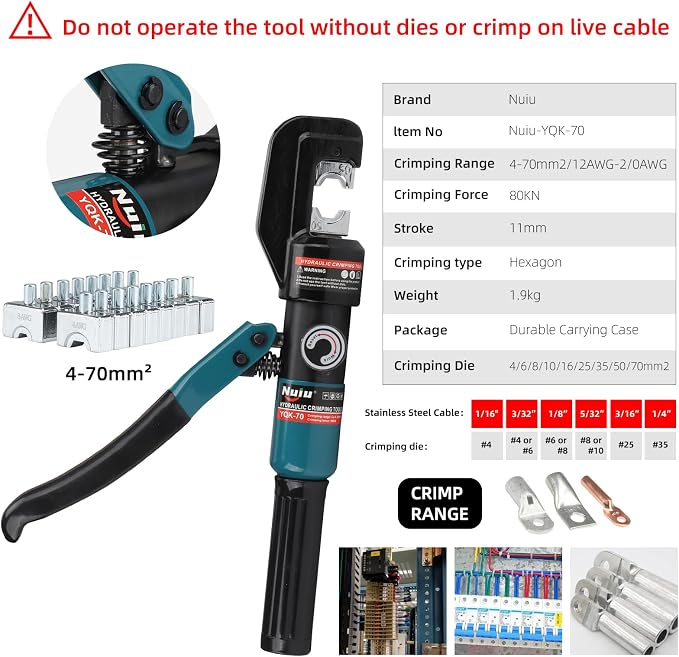 YQK-70 Hydraulic Crimper 6T, Wire Crimper Tool for Battery Cable Terminals 4-70mm² (12 AWG to 2/0 AWG) with 8PCS Hex Dies, 10mm Stroke, 180° Swivel Head - Professional Electrician Crimper (Blue)