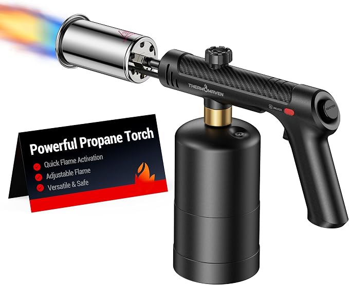 ThermoMaven Propane Torch with One-Touch Max Fire, Blow Torch Gun with Safety Lock, Charcoal Lighter Flame Thrower, Kitchen Food Torch Head for Grill, Sous Vide, BBQ, Stealth Carbon(Tank Not Included)