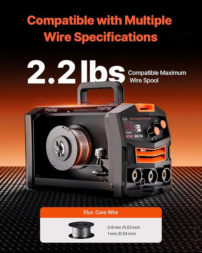 VEVOR MIG Welder, 130Amp Synergic Mig Welding Machine, 110V Gasless Flux Core Welder Machine, Portable Mig Welder with IGBT Inverter Technology and Digital Display Screen